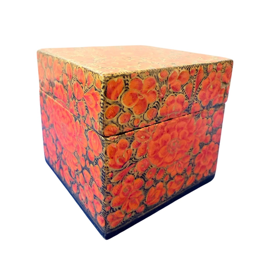 Kashmir Hand Painted Lacquer Trinket Box Orange Floral Square Papier Mache #2945